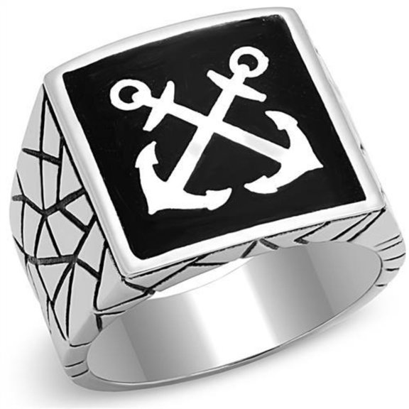 Luxe Jewelry Designs Men's Stainless Steel Anchor Designed Ring with Black Jet Epoxy - Size 9
