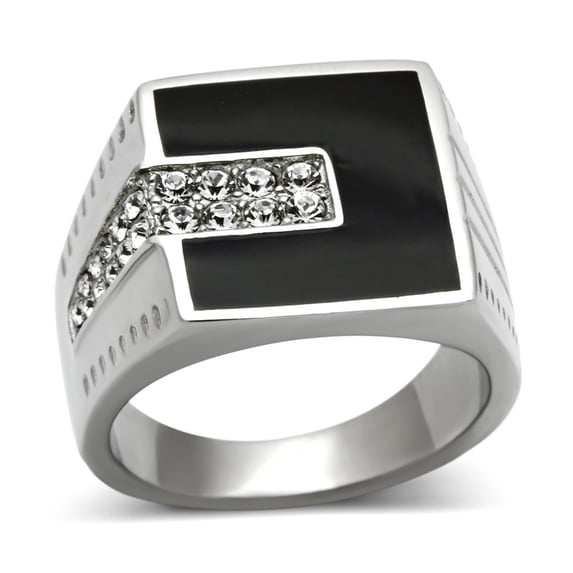 Luxe Jewelry Designs Men's Stainless Steel Black Ring with Clear Crystals - Size 9