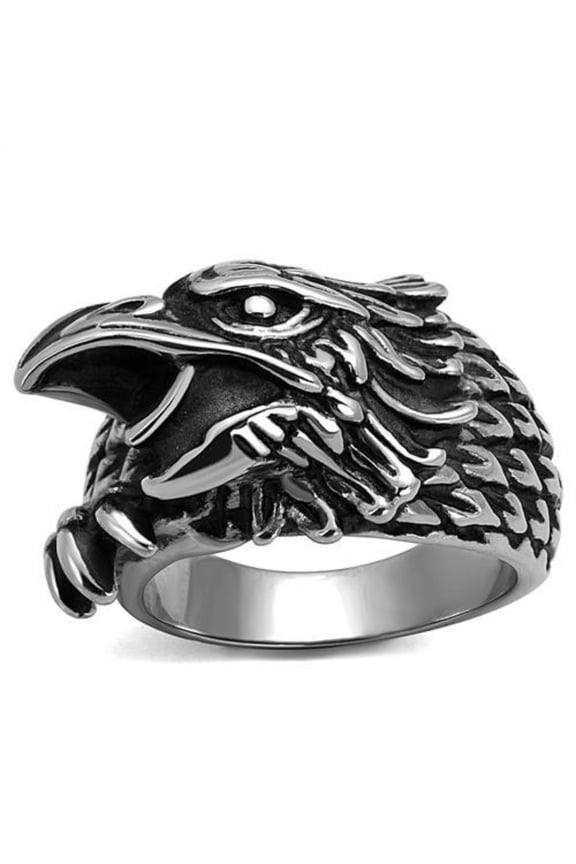 Luxe Jewelry Designs Men's Stainless Steel Eagle Face Design Ring with Black Jet Epoxy - Size 10
