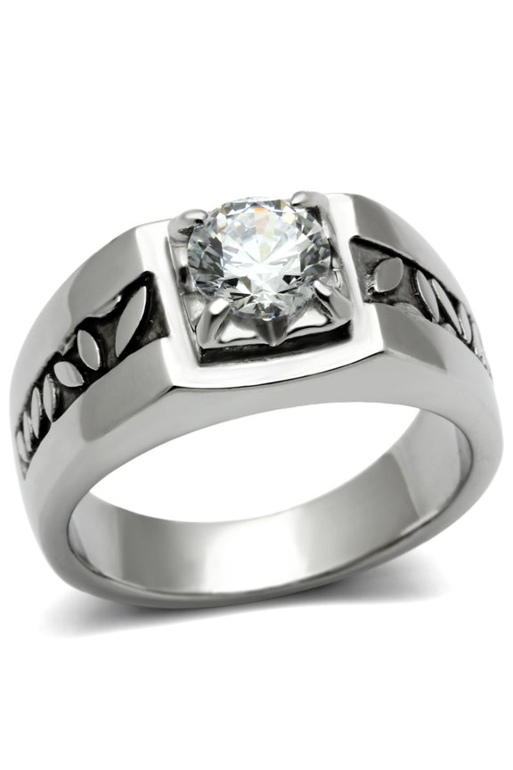 Luxe Jewelry Designs Men's Stainless Steel Leaf Design Ring with Round Cubic Zirconia - Size 11