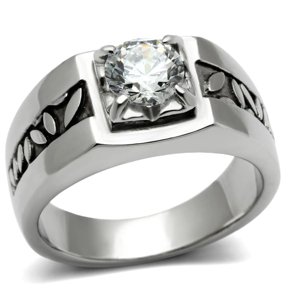 Luxe Jewelry Designs Men's Stainless Steel Leaf Design Ring with Round Cubic Zirconia - Size 13