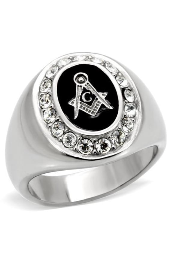 Luxe Jewelry Designs Men's Stainless Steel Masonic Design Ring with Black Epoxy and Clear Crystals -