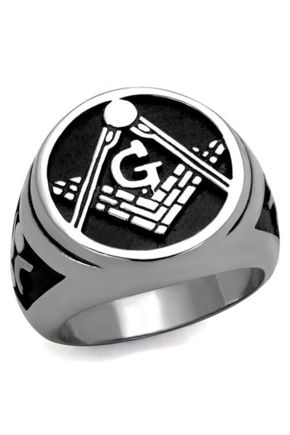 Luxe Jewelry Designs Men's Stainless Steel Masonic Design with Epoxy Black Jet Ring - Size 12 (Pack