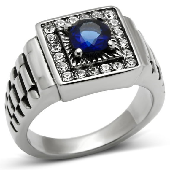 Luxe Jewelry Designs Men's Stainless Steel Pave Ring with Blue Montana Synthetic Glass Stone - Size