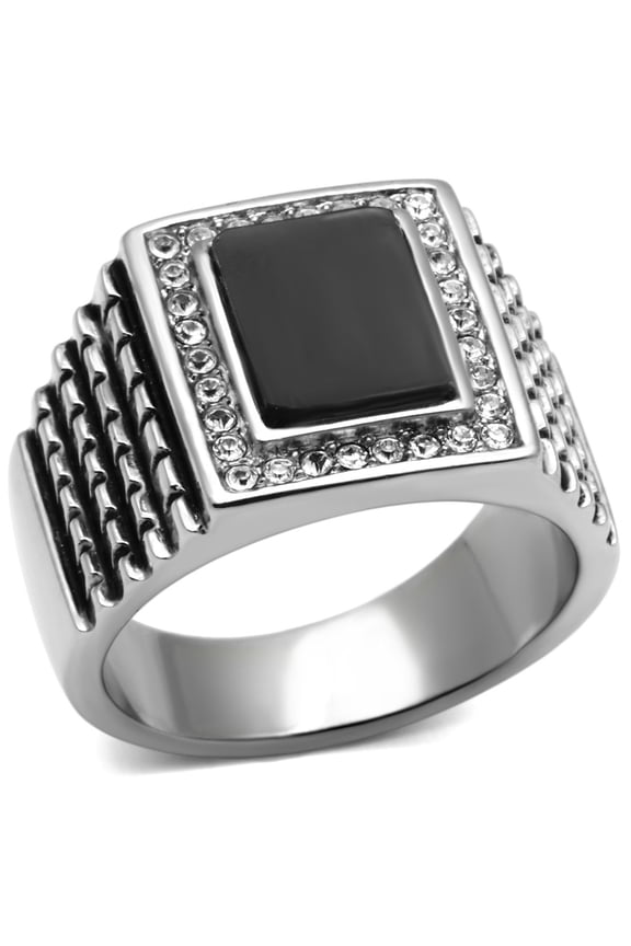 Luxe Jewelry Designs Men's Stainless Steel Ring with Black Jet Synthetic Stone - Size 10