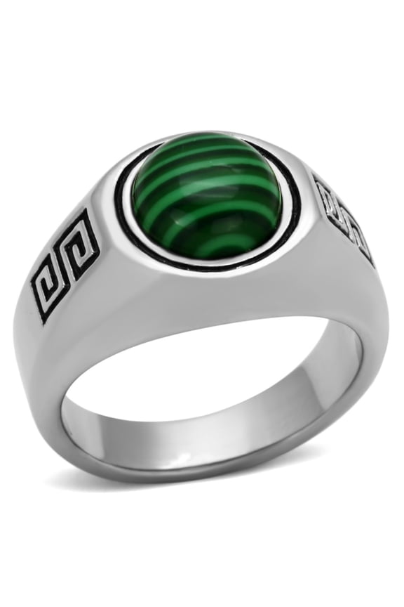 Luxe Jewelry Designs Men's Stainless Steel Ring with Emerald Malachite Synthetic Stone - Size 12