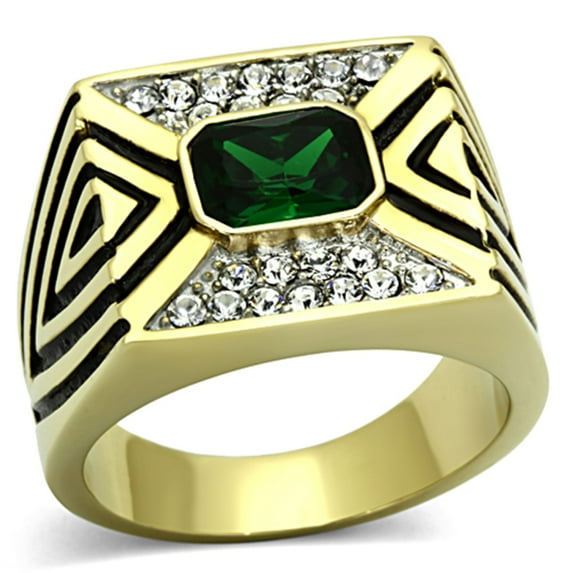 Luxe Jewelry Designs Men's Stainless Steel Ring with Emerald Synthetic Glass Center Stone - Size 9