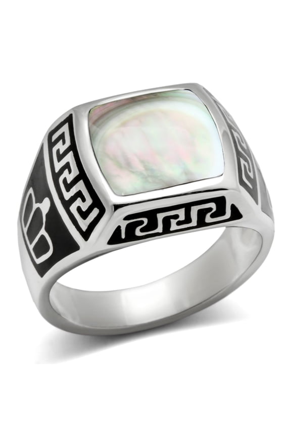 Luxe Jewelry Designs Men's Stainless Steel Ring with Gray Precious Stone Conch - Size 8