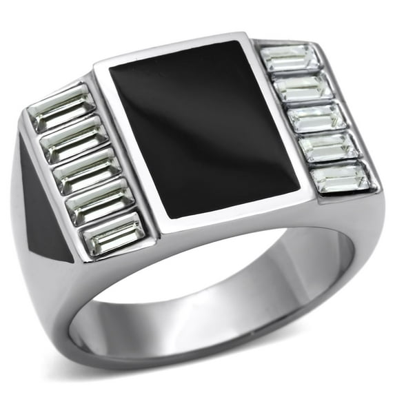 Luxe Jewelry Designs Men's Stainless Steel Ring with Rectangular Clear Crystals and Epoxy - Size 9