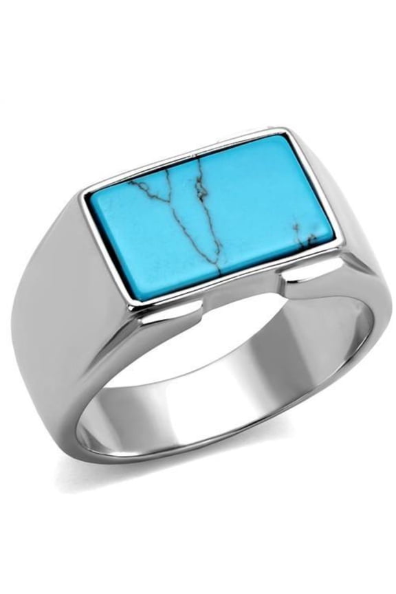 Luxe Jewelry Designs Men's Stainless Steel Ring with Sea Blue Synthetic Imitation Amber - Size 11