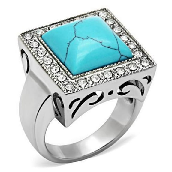 Luxe Jewelry Designs Men's Stainless Steel Ring with Sea Blue Synthetic Turquoise and Clear Stones -
