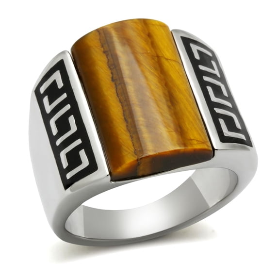 Luxe Jewelry Designs Men's Stainless Steel Ring with Smoked Quartz Semi Precious Tiger Eye Stone -