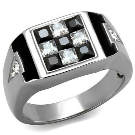 Luxe Jewelry Designs Men's Stainless Steel Ring with Square Black Jet Cubic Zirconia, Size 14