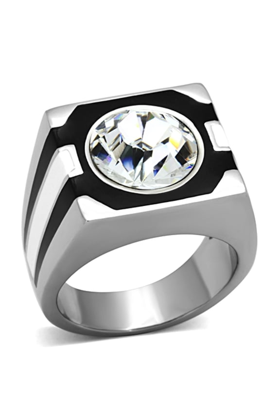 Luxe Jewelry Designs Men's Stainless Steel Solitaire Ring with Top Grade Crystal - Size 12