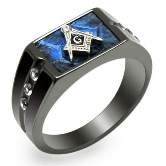 Luxe Jewelry Designs Men's Two-Tone Black IP Stainless Steel Masonic Design Ring with Cubic Zirconia
