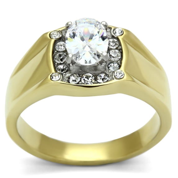 Luxe Jewelry Designs Men's Two Tone Gold Ion Plated Stainless Steel Ring with Oval CZ - Size 10