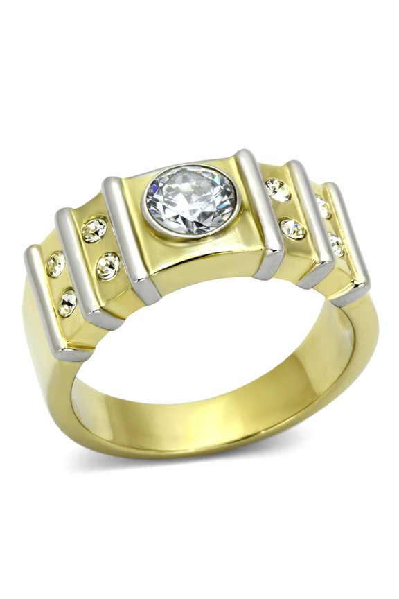 Luxe Jewelry Designs Men's Two-Tone IP Gold Plated Stainless Steel Ring with Cubic Zirconia - Size