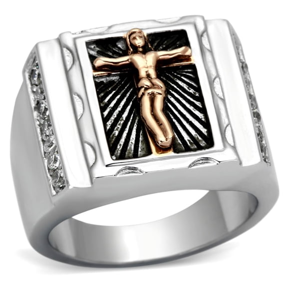 Luxe Jewelry Designs Men's Two Tone Rose Gold IP Stainless Steel Cross Shaped Ring with CZ - Size 10