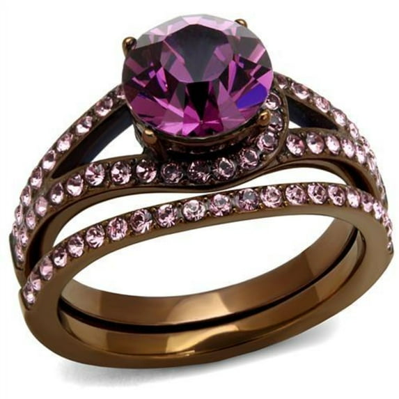 Luxe Jewelry Designs Set of 2 Women's IP Coffee Light Stainless Steel Wedding Ring with Amethyst