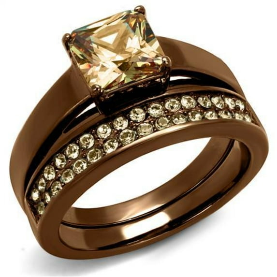 Luxe Jewelry Designs Set of 2 Women's Stainless Steel Wedding Ring with Champagne Cubic Zirconia -