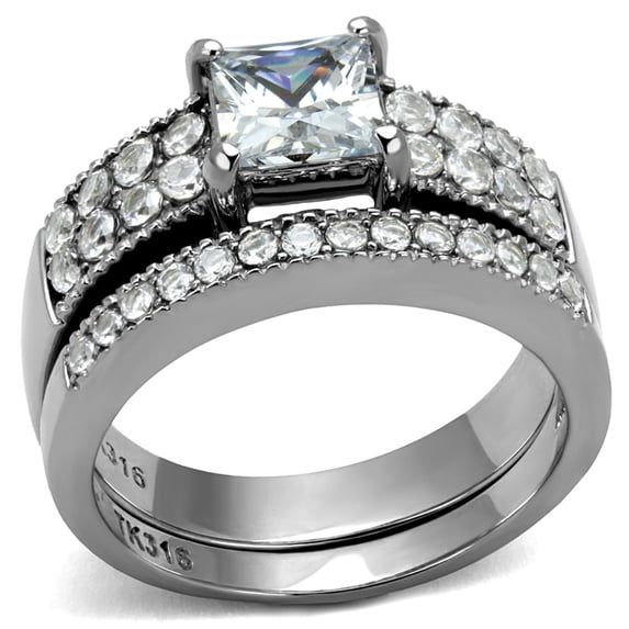 Luxe Jewelry Designs Set of 2 Women's Stainless Steel Wedding Rings with Cubic Zirconia Stones, Size
