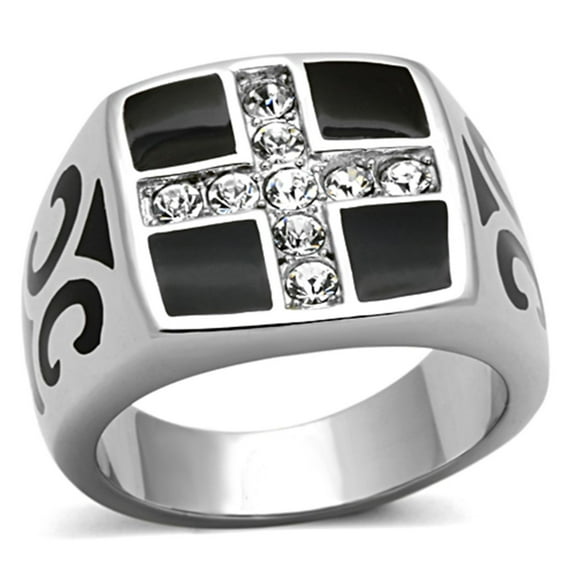 Stainless Steel Cross Design Men's Ring with Top Grade Crystal - Size 12