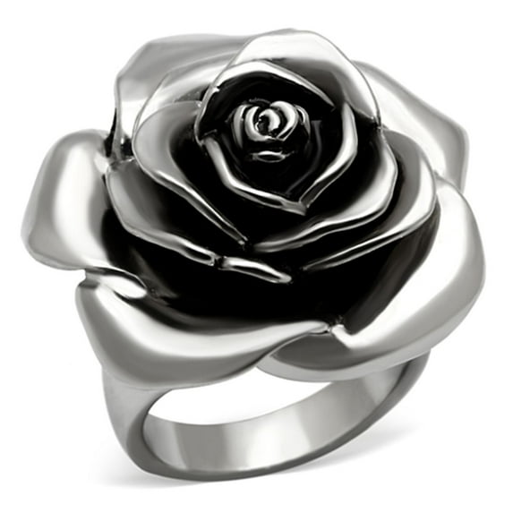 Luxe Jewelry Designs Stainless Steel Flower Shaped Women's Ring with Black Jet Epoxy - Size 6