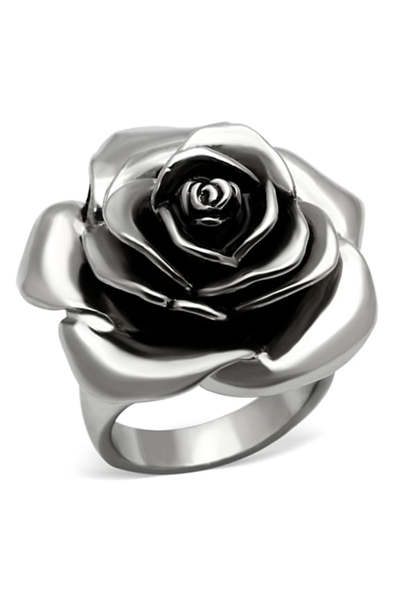 Luxe Jewelry Designs Stainless Steel Flower Shaped Women's Ring with Black Jet Epoxy - Size 9