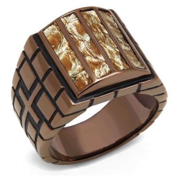 Luxe Jewelry Designs Stainless Steel IP Coffee Light Men's Ring with Multicolor Leather - Size 12