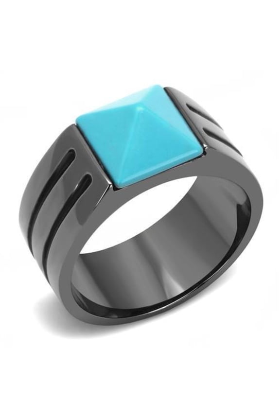 Luxe Jewelry Designs Stainless Steel IP Light Black Men's Ring with Sea Blue Synthetic Turquoise -