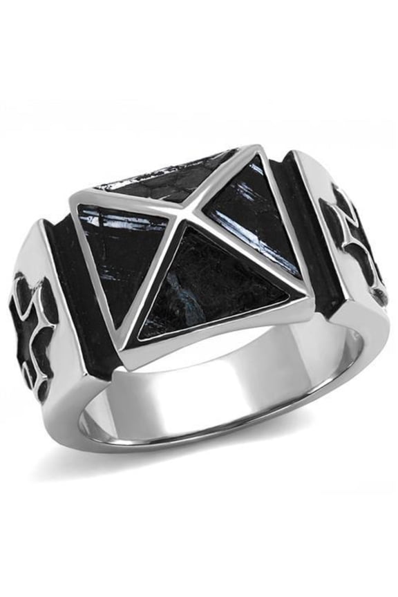 Luxe Jewelry Designs Stainless Steel Men's Ring with Black Jet Leather - Size 8