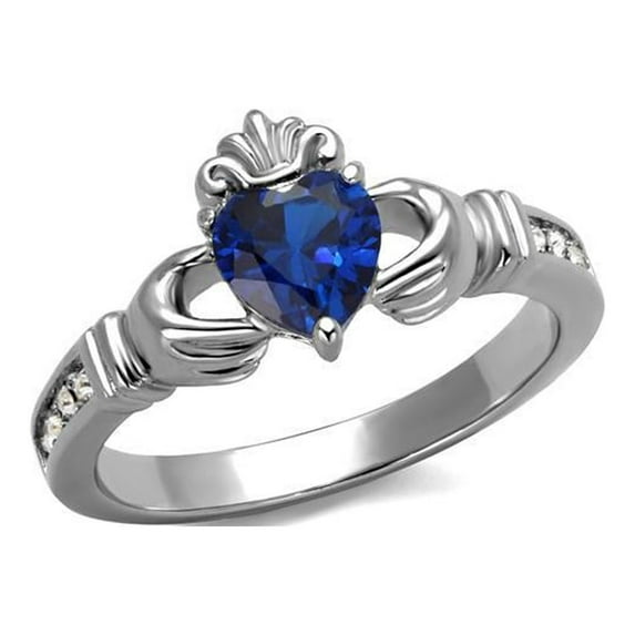 Luxe Jewelry Designs Stainless Steel Woman's Claddagh Ring with Synthetic London Blue Spinel - Size