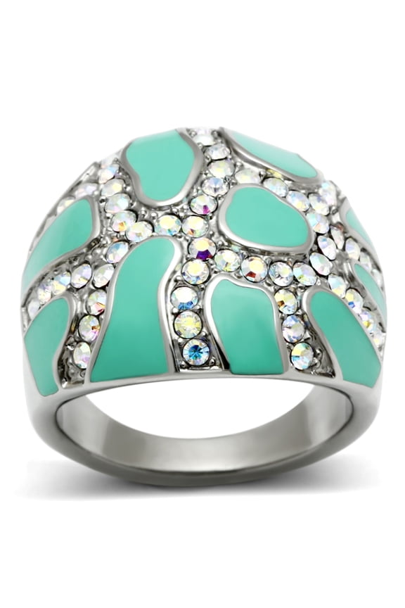 Luxe Jewelry Designs Stainless Steel Women's Ring with Aurora Borealis Crystals - Size 5