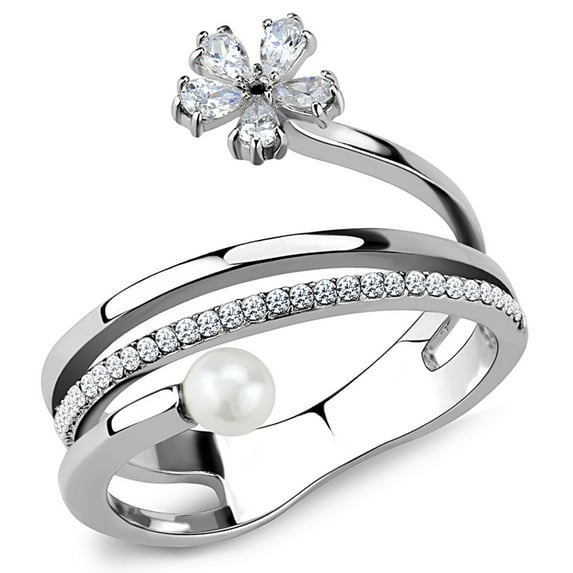 Luxe Jewelry Designs Stainless Steel Women's Ring with Synthetic White Pearl Stone - Size 7
