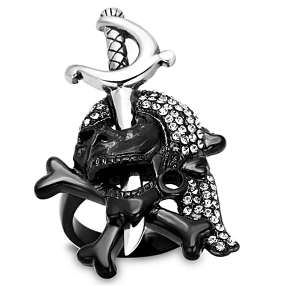 Luxe Jewelry Designs Unisex Black Ion Plated Skull Shaped Ring with Black Diamond Crystals - Size 9