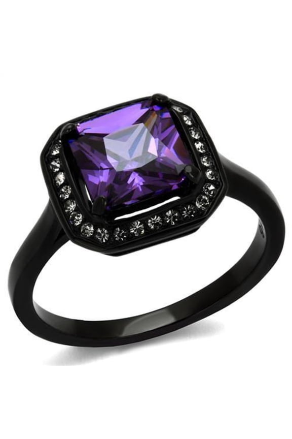 Luxe Jewelry Designs Women's Black IP Stainless Steel Engagement Ring with Amethyst Cubic Zirconia -