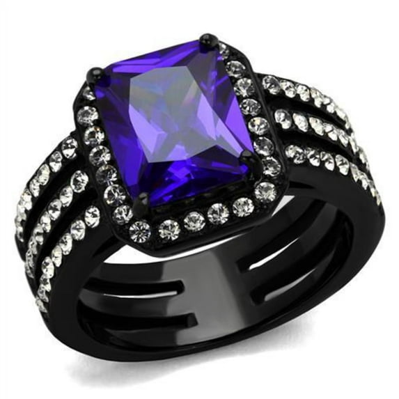 Luxe Jewelry Designs Women's Black IP Stainless Steel Engagement Ring with Tanzanite Cubic Zirconia