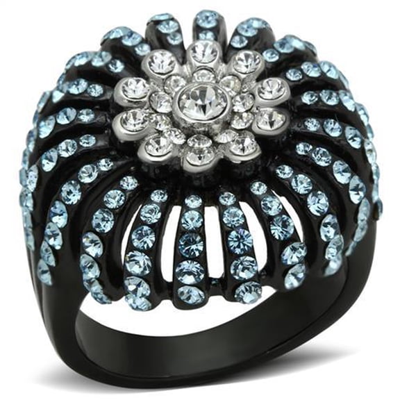 Luxe Jewelry Designs Women's Black IP Stainless Steel Flower Shaped Ring with Sea Blue Crystals -