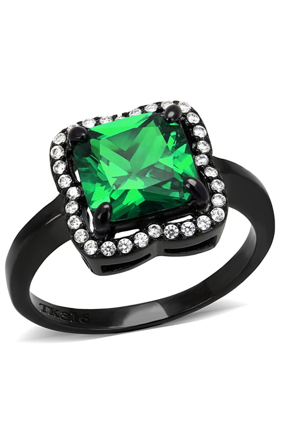 Women's Black Ion Plated Engagement Ring with Square Emerald Cubic Zirconia - Size 5