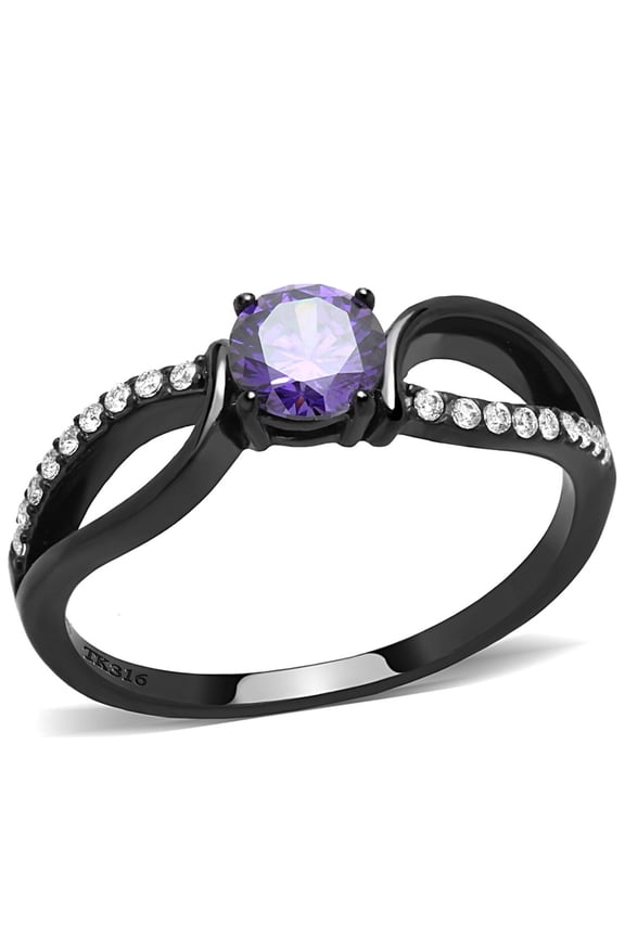 Luxe Jewelry Designs Women's Black Ion Plated Stainless Steel Engagement Ring with Amethyst CZ -