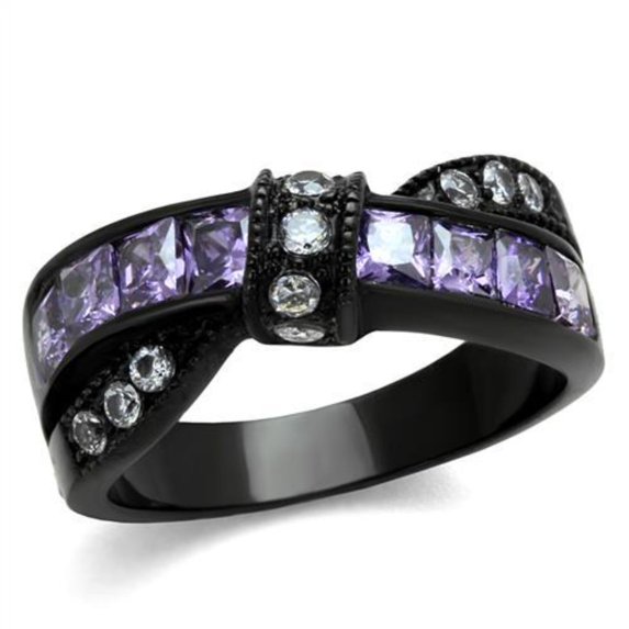 Luxe Jewelry Designs Women's Black Ion Plated Stainless Steel Ring with Amethyst CZ and Clear Stones