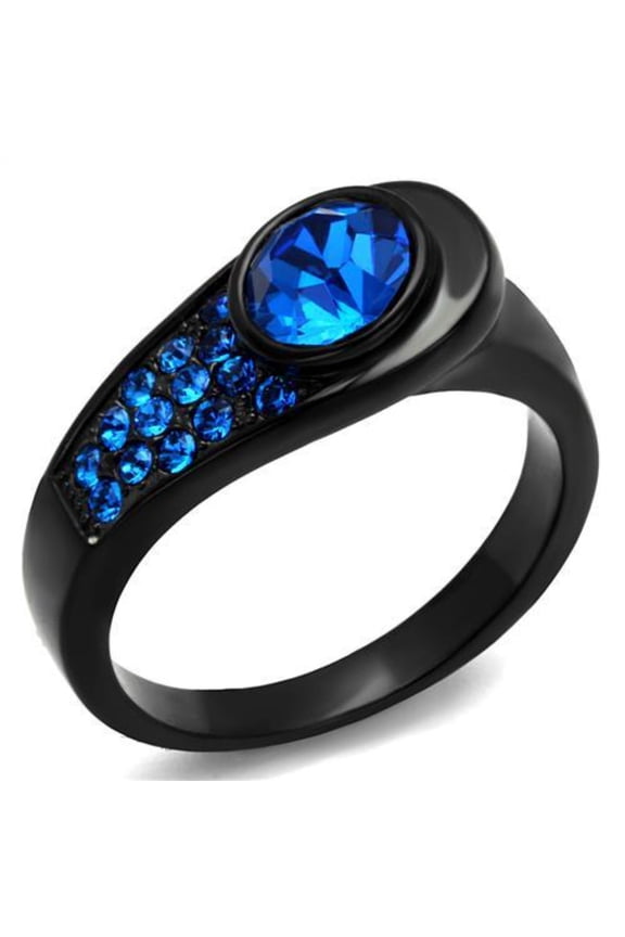 Luxe Jewelry Designs Women's Black Ion Plated Stainless Steel Ring with Capri Blue Crystals - Size 9