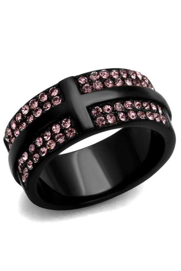 Luxe Jewelry Designs Women's Black Ion Plated Stainless Steel Ring with Light Amethyst Crystals -