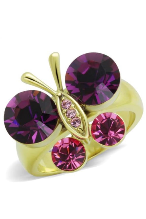 Luxe Jewelry Designs Women's Gold IP Stainless Steel Butterfly Shaped Ring with Amethyst Crystals -