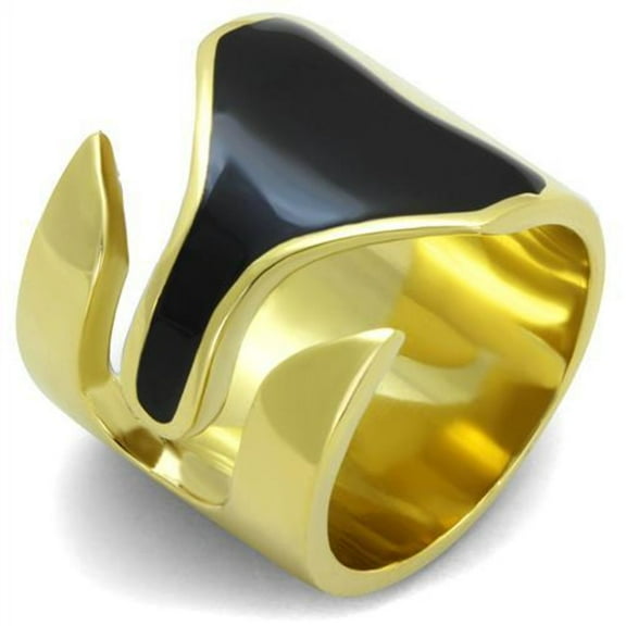 Luxe Jewelry Designs Women's Gold IP Stainless Steel Cuff Design Ring with Epoxy Black Jet - Size 8