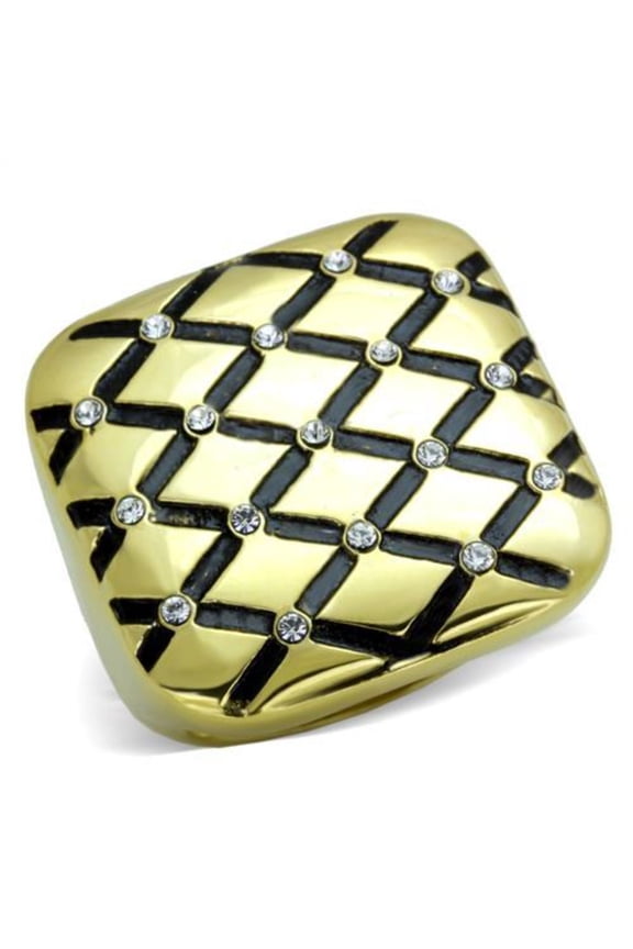 Luxe Jewelry Designs Women's Gold IP Stainless Steel Diamond Checkered Ring with Clear Crystals -