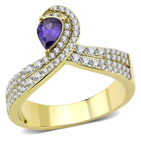 Luxe Jewelry Designs Women's Gold Ion Plated Stainless Steel Ring with Cubic Zirconia Tanzanite -