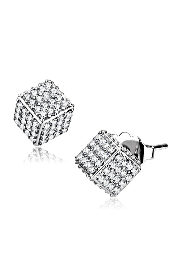 Luxe Jewelry Designs Women's High Polished Stainless Steel Cube Shaped Stud Earrings with Cubic