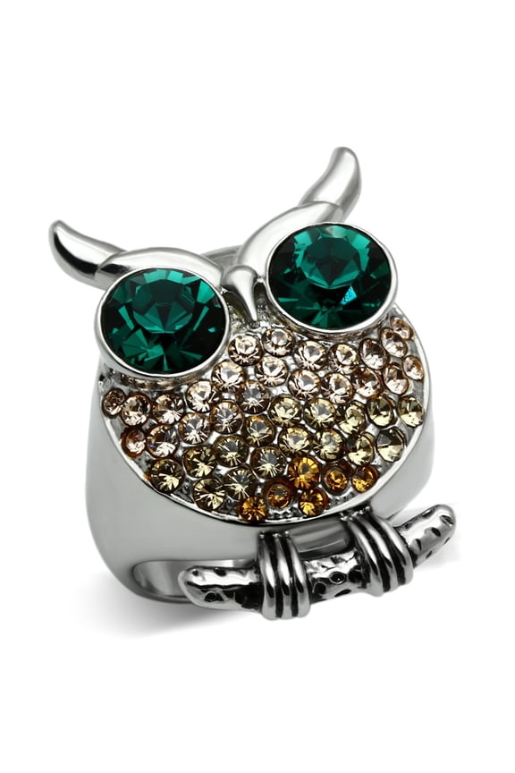 Luxe Jewelry Designs Women's High Polished Stainless Steel Owl Shaped Ring with Emerald Crystals -