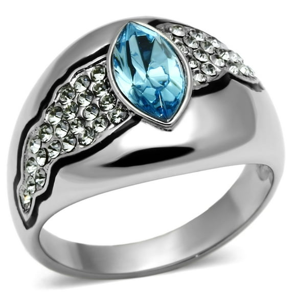 Luxe Jewelry Designs Women's High Polished Stainless Steel Ring with Sea Blue Crystals - Size 8